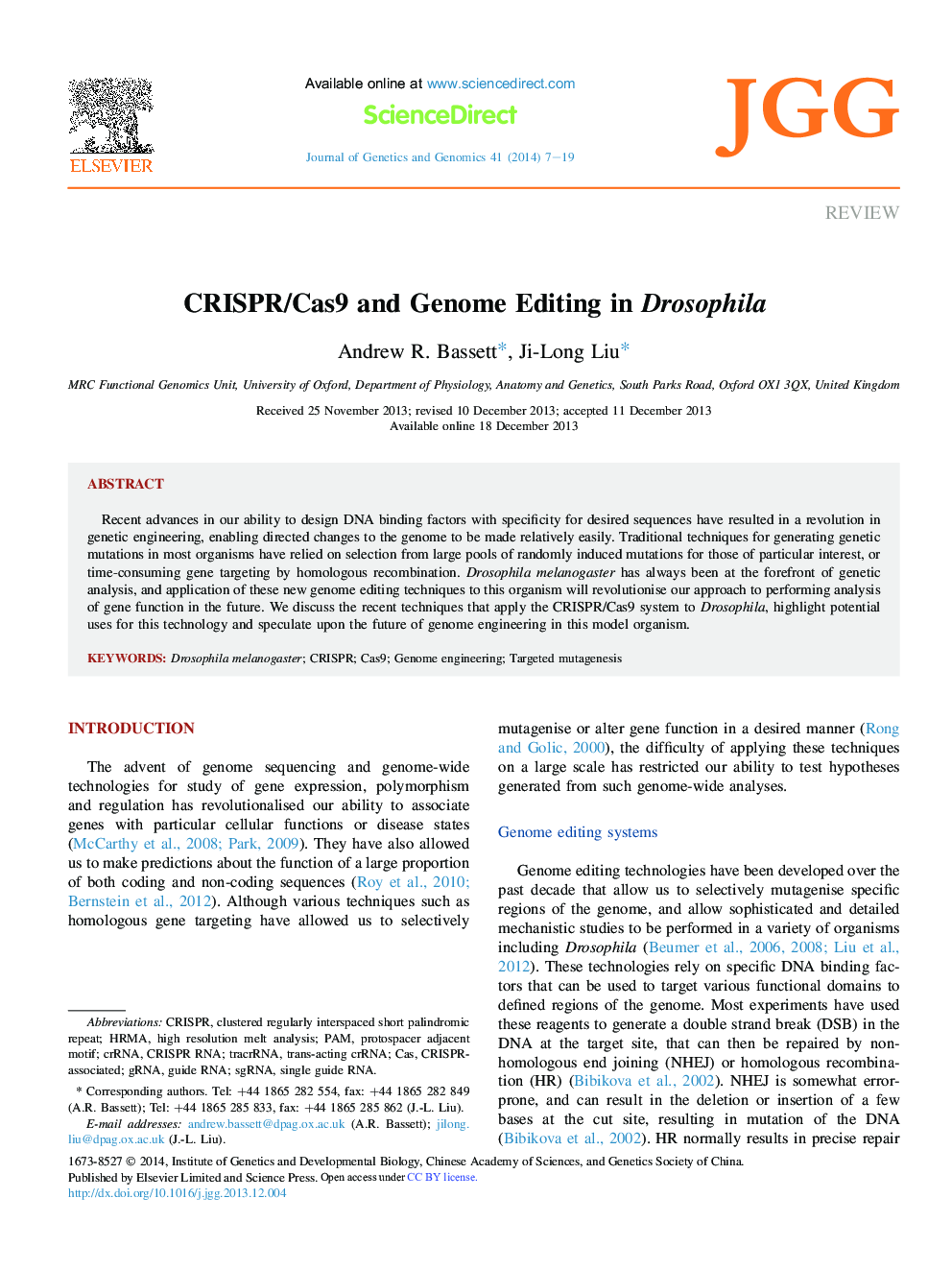 ReviewCRISPR/Cas9 and Genome Editing in Drosophila