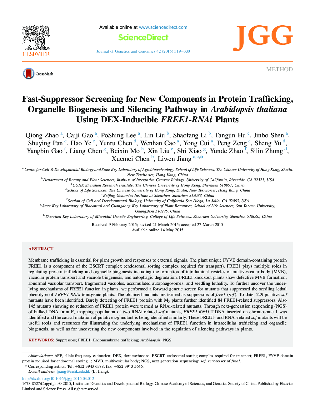 MethodFast-Suppressor Screening for New Components in Protein Trafficking, Organelle Biogenesis and Silencing Pathway in Arabidopsis thaliana Using DEX-Inducible FREE1-RNAi Plants