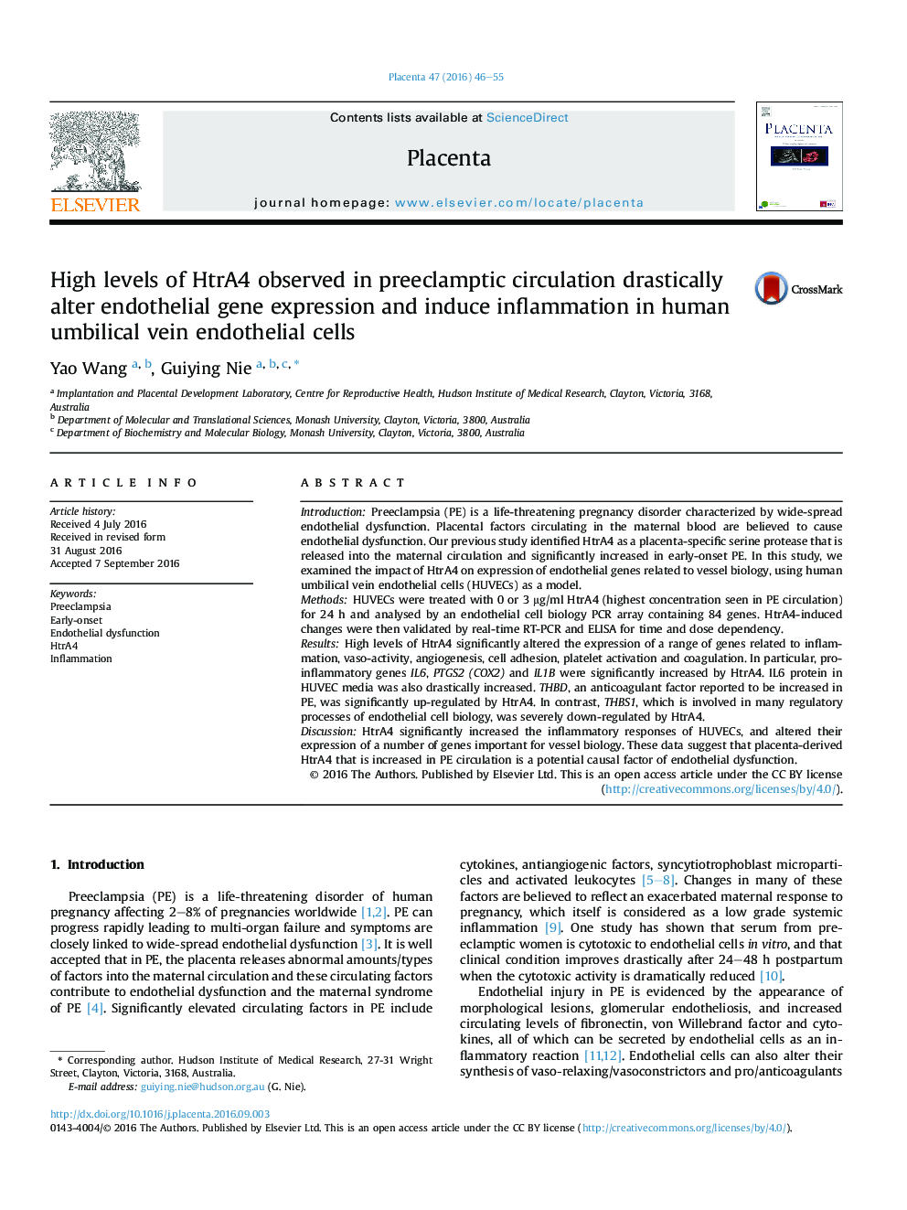 High levels of HtrA4 observed in preeclamptic circulation drastically alter endothelial gene expression and induce inflammation in human umbilical vein endothelial cells