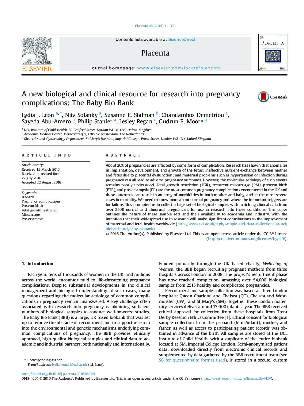 A new biological and clinical resource for research into pregnancy complications: The Baby Bio Bank