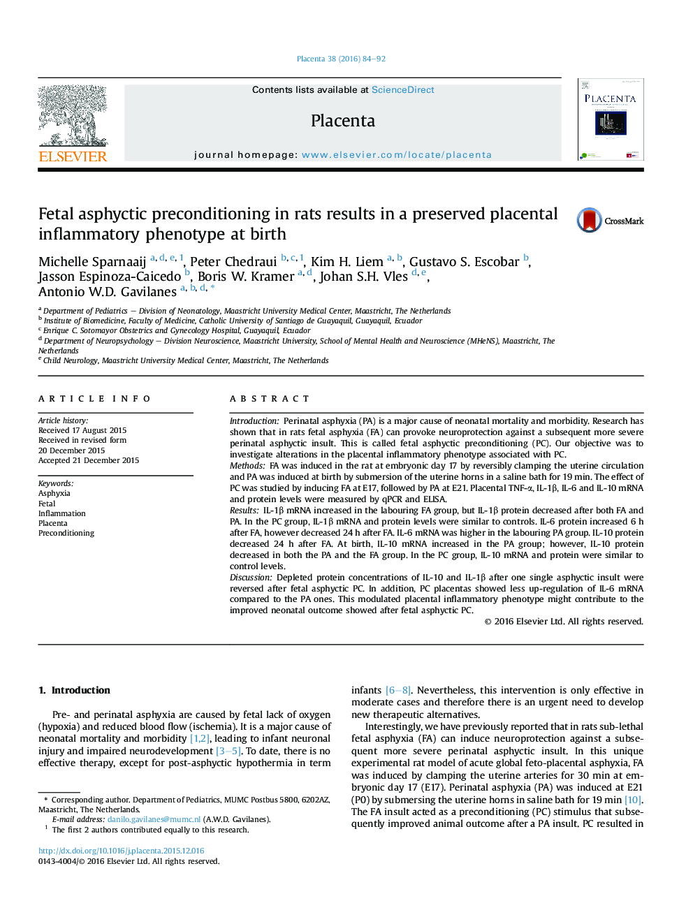 Fetal asphyctic preconditioning in rats results in a preserved placental inflammatory phenotype at birth