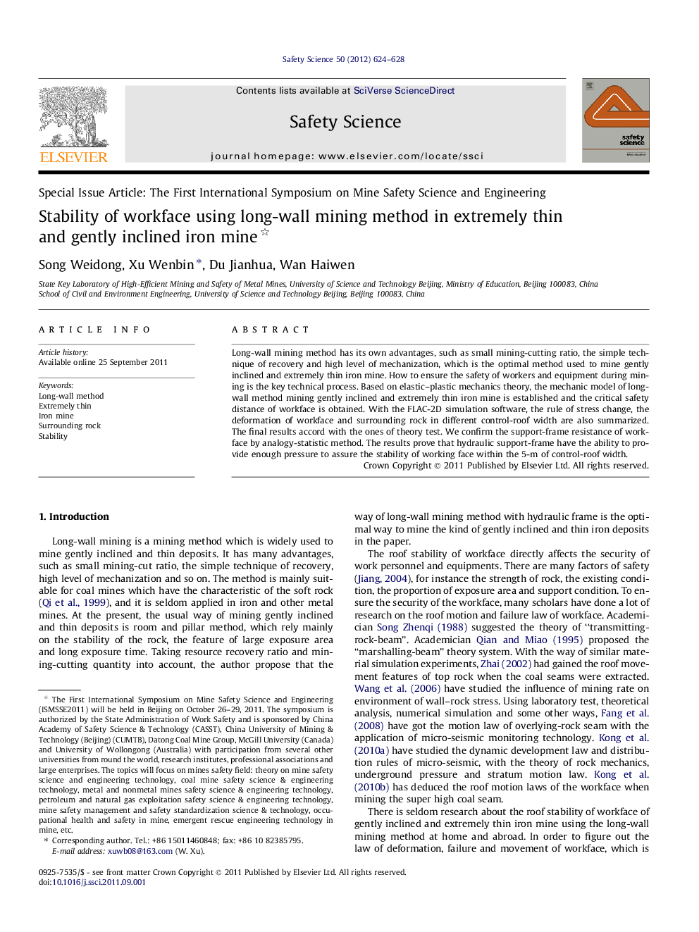 Stability of workface using long-wall mining method in extremely thin and gently inclined iron mine 