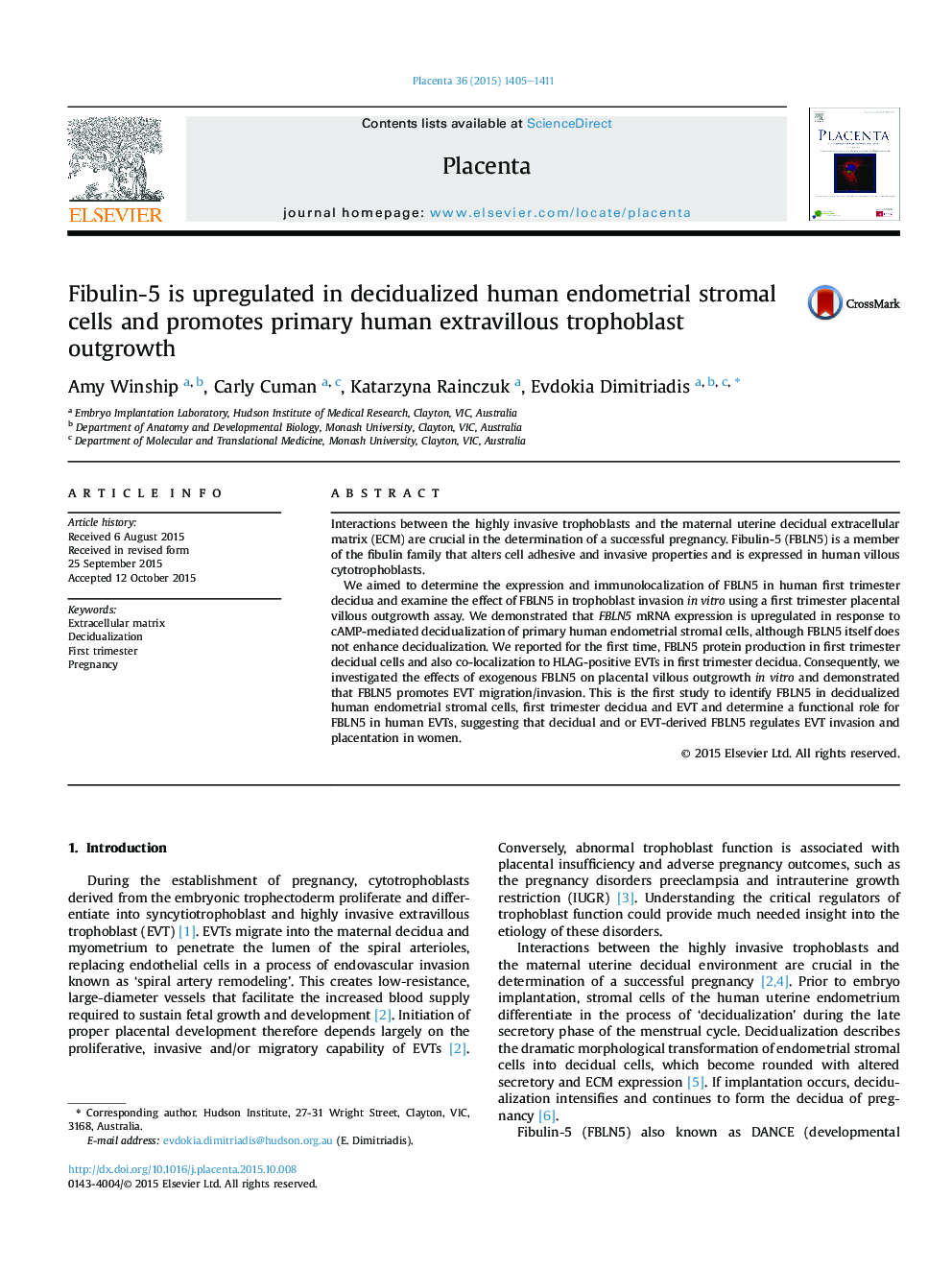 Fibulin-5 is upregulated in decidualized human endometrial stromal cells and promotes primary human extravillous trophoblast outgrowth