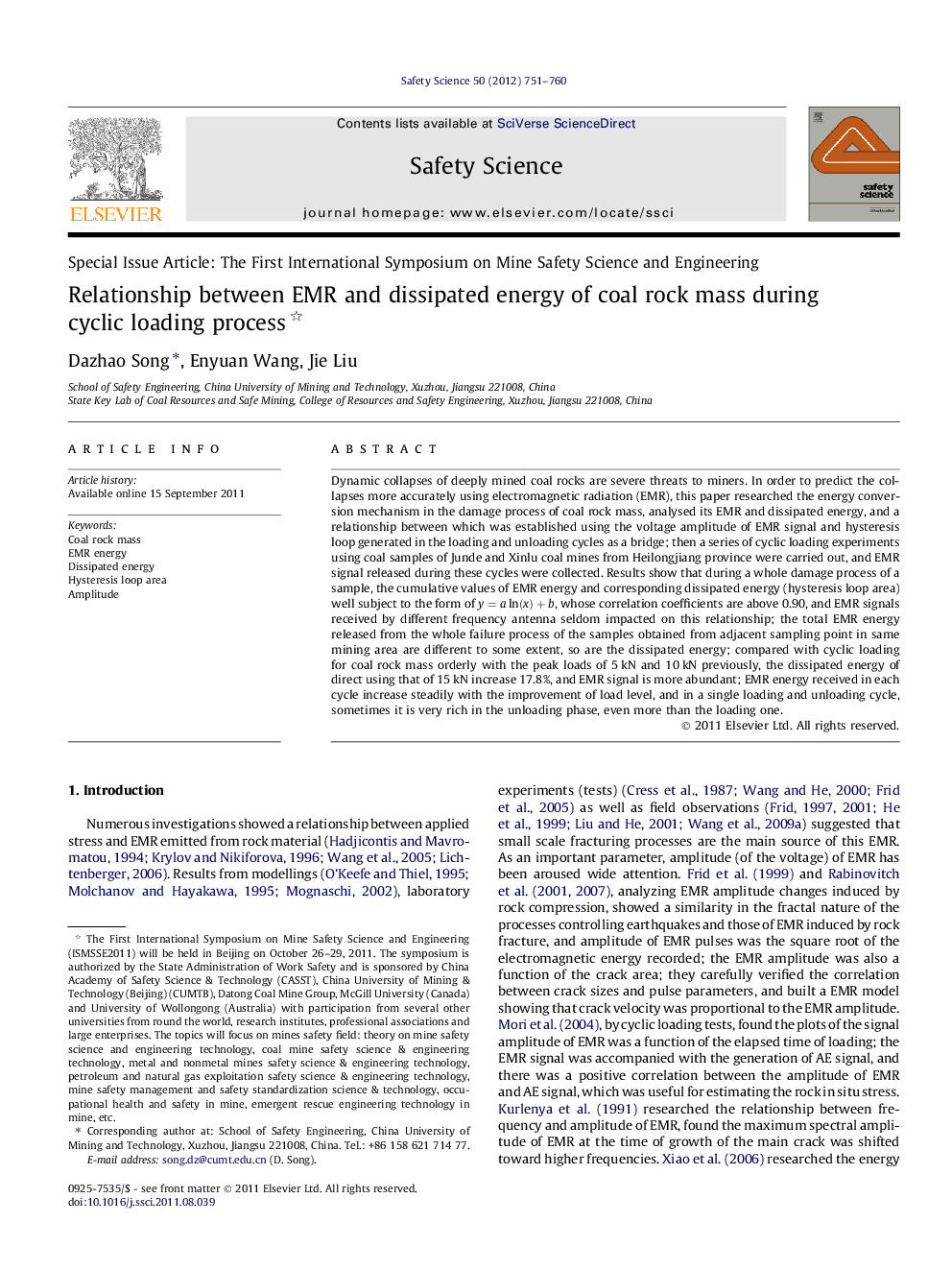 Relationship between EMR and dissipated energy of coal rock mass during cyclic loading process 