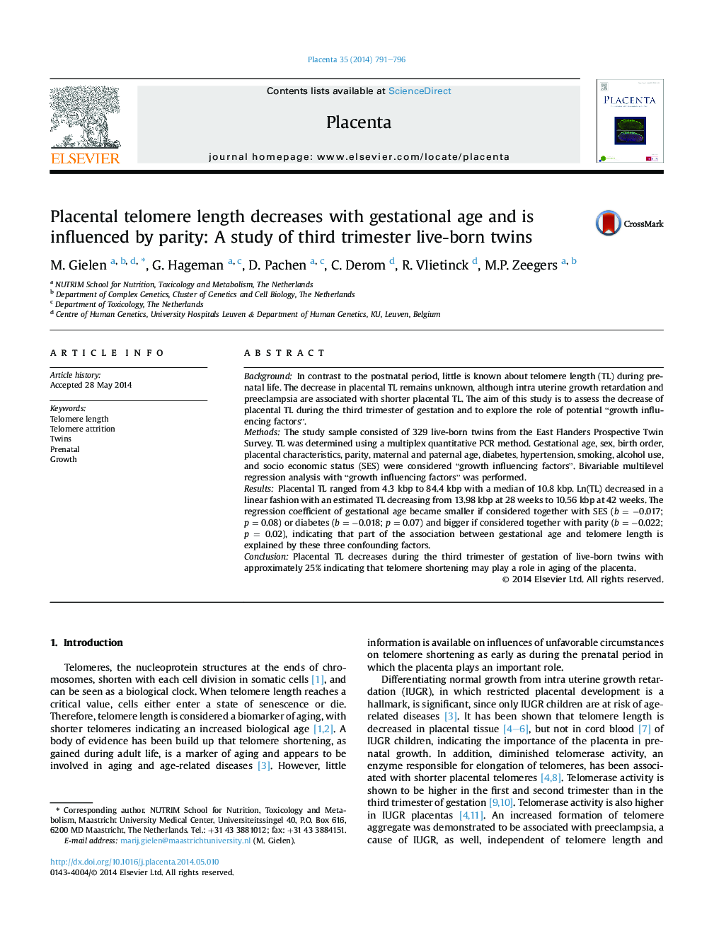 Placental telomere length decreases with gestational age and is influenced by parity: A study of third trimester live-born twins