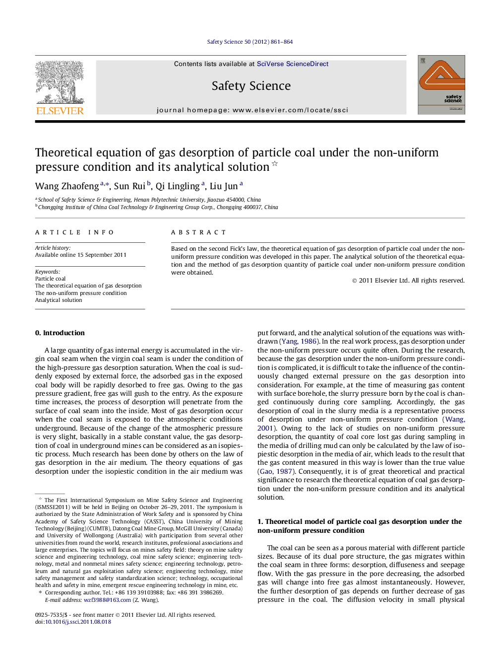 Theoretical equation of gas desorption of particle coal under the non-uniform pressure condition and its analytical solution 