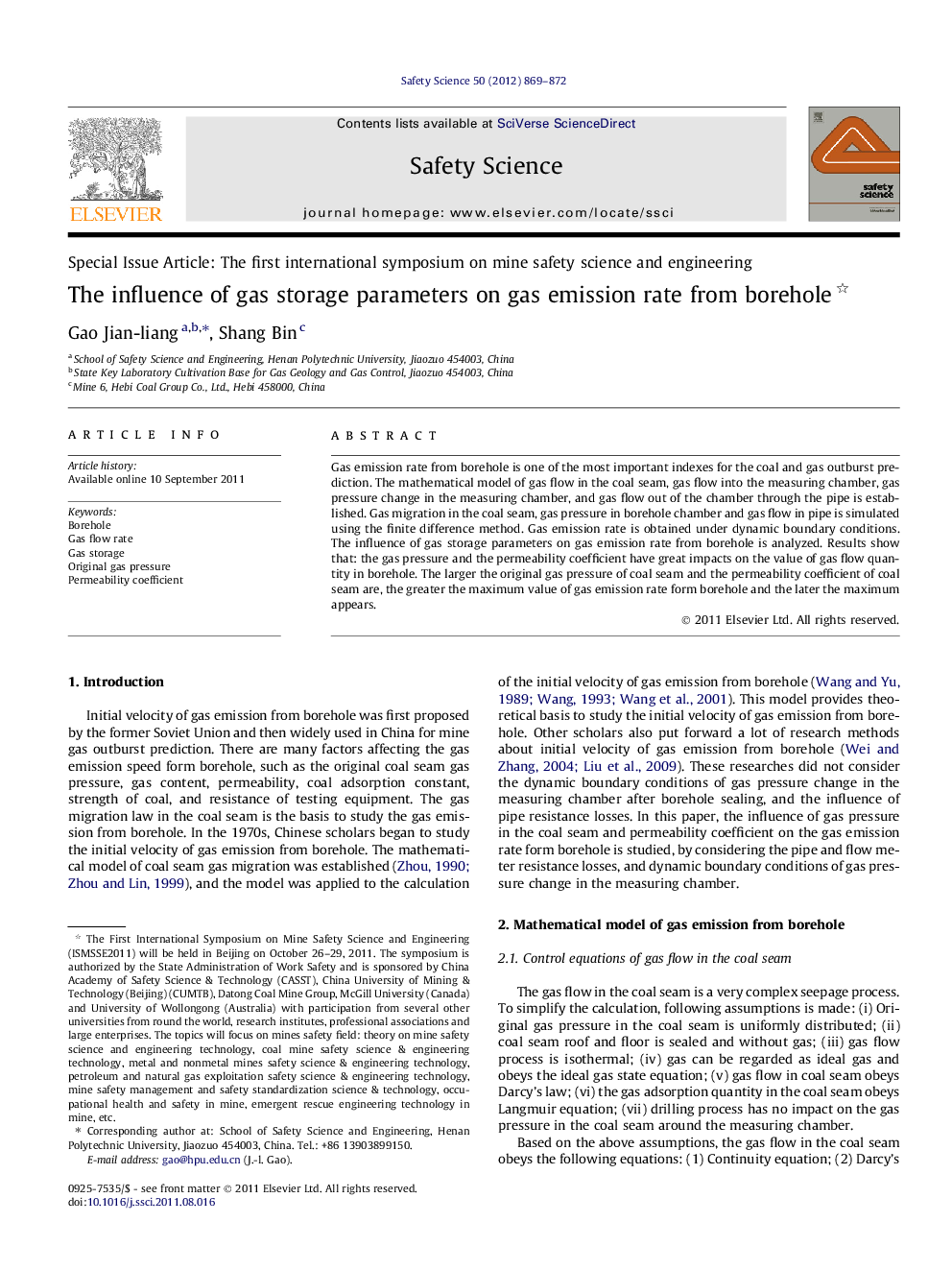 The influence of gas storage parameters on gas emission rate from borehole 