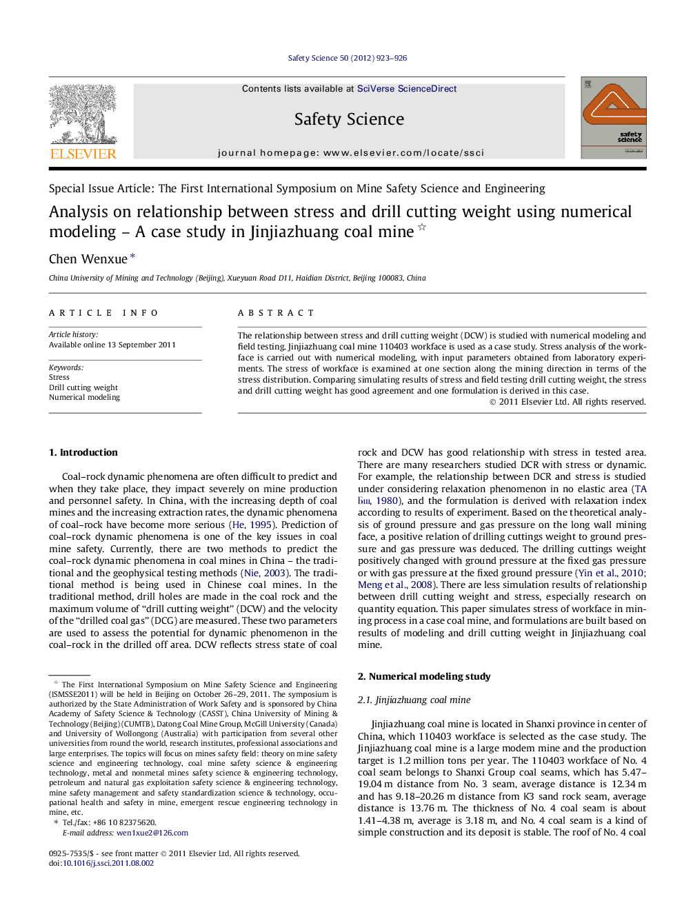 Analysis on relationship between stress and drill cutting weight using numerical modeling – A case study in Jinjiazhuang coal mine 