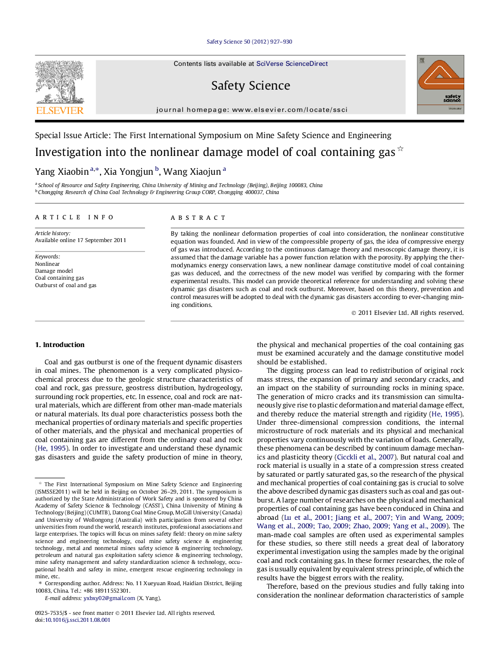 Investigation into the nonlinear damage model of coal containing gas 