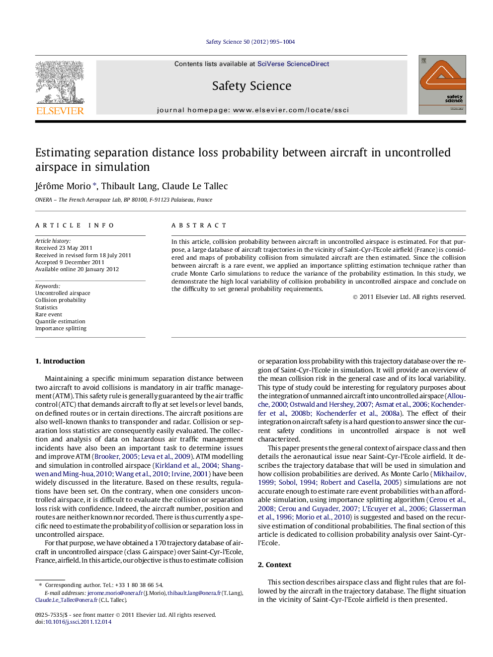 Estimating separation distance loss probability between aircraft in uncontrolled airspace in simulation