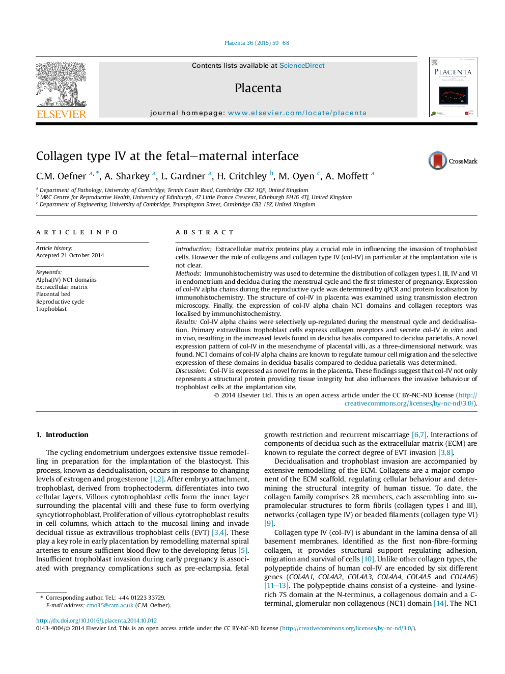 Collagen type IV at the fetal-maternal interface