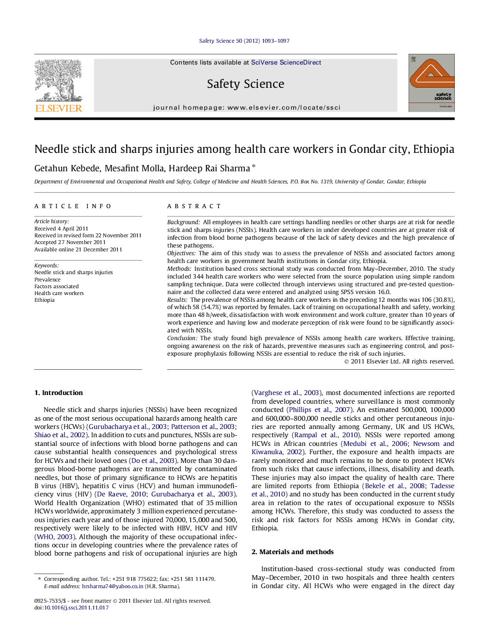 Needle stick and sharps injuries among health care workers in Gondar city, Ethiopia