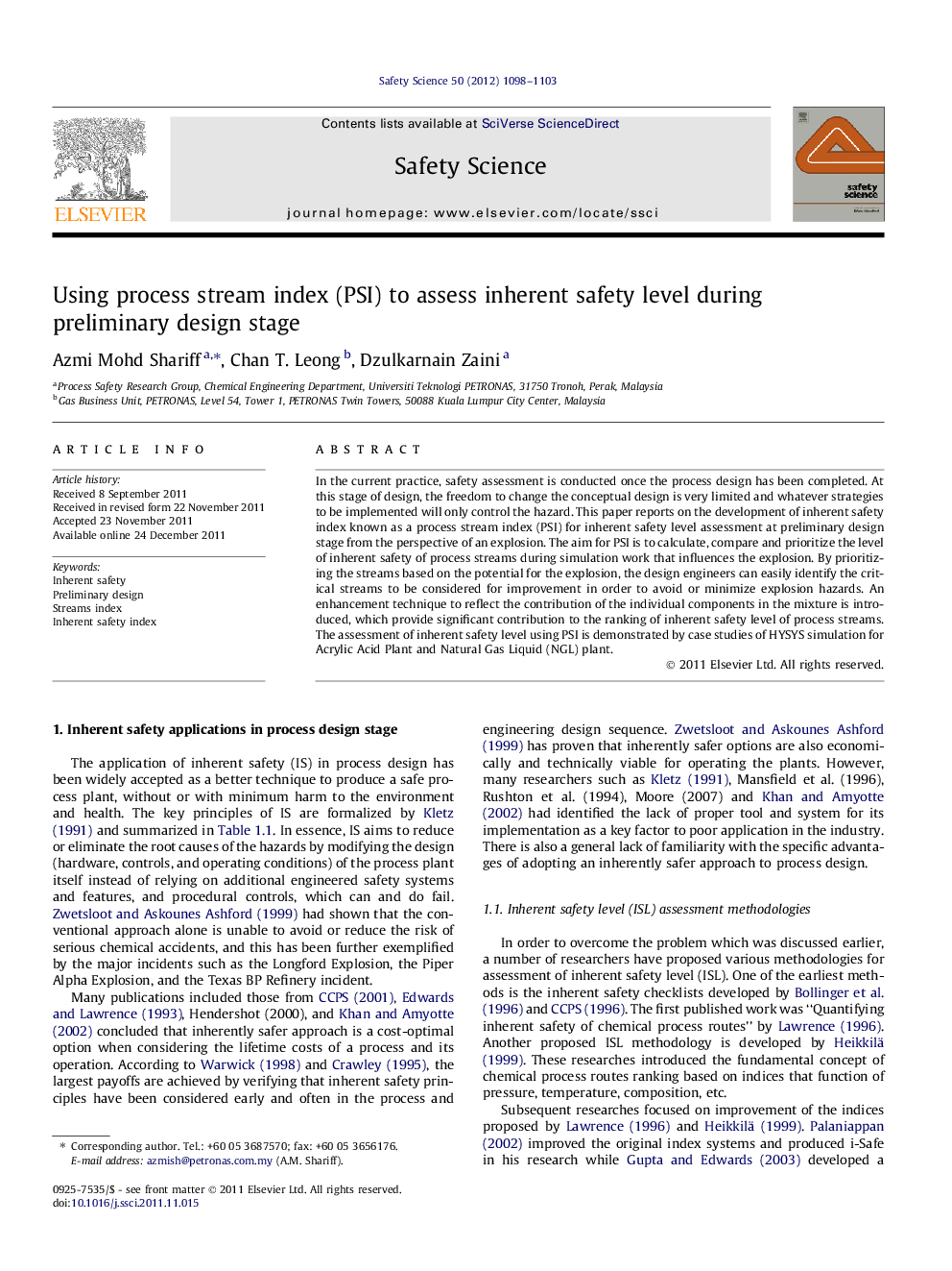 Using process stream index (PSI) to assess inherent safety level during preliminary design stage