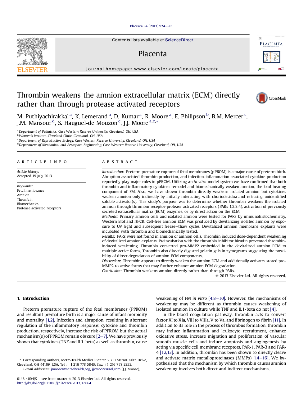 Thrombin weakens the amnion extracellular matrix (ECM) directly rather than through protease activated receptors