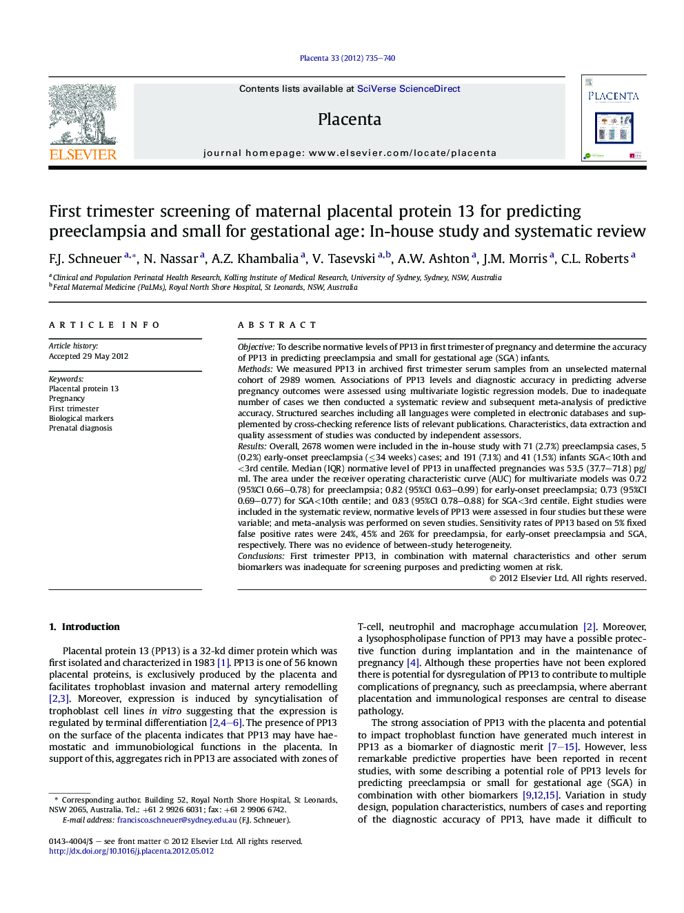 First trimester screening of maternal placental protein 13 for predicting preeclampsia and small for gestational age: In-house study and systematic review