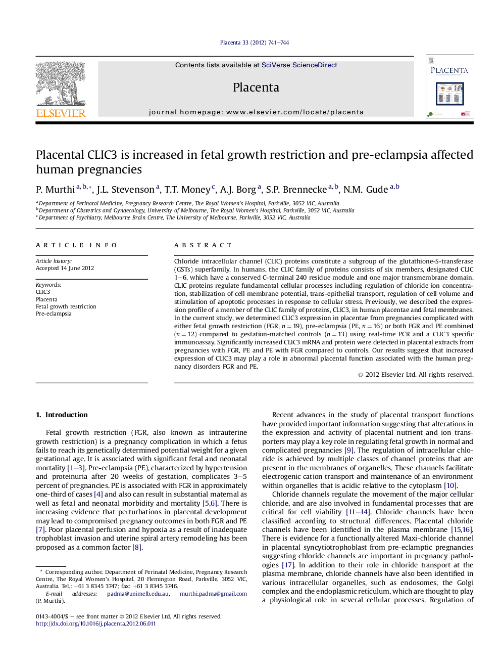 Placental CLIC3 is increased in fetal growth restriction and pre-eclampsia affected human pregnancies