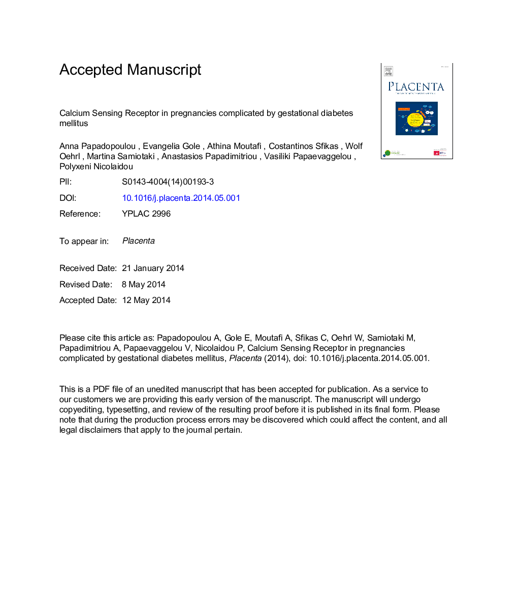 Calcium sensing receptor in pregnancies complicated by gestational diabetes mellitus