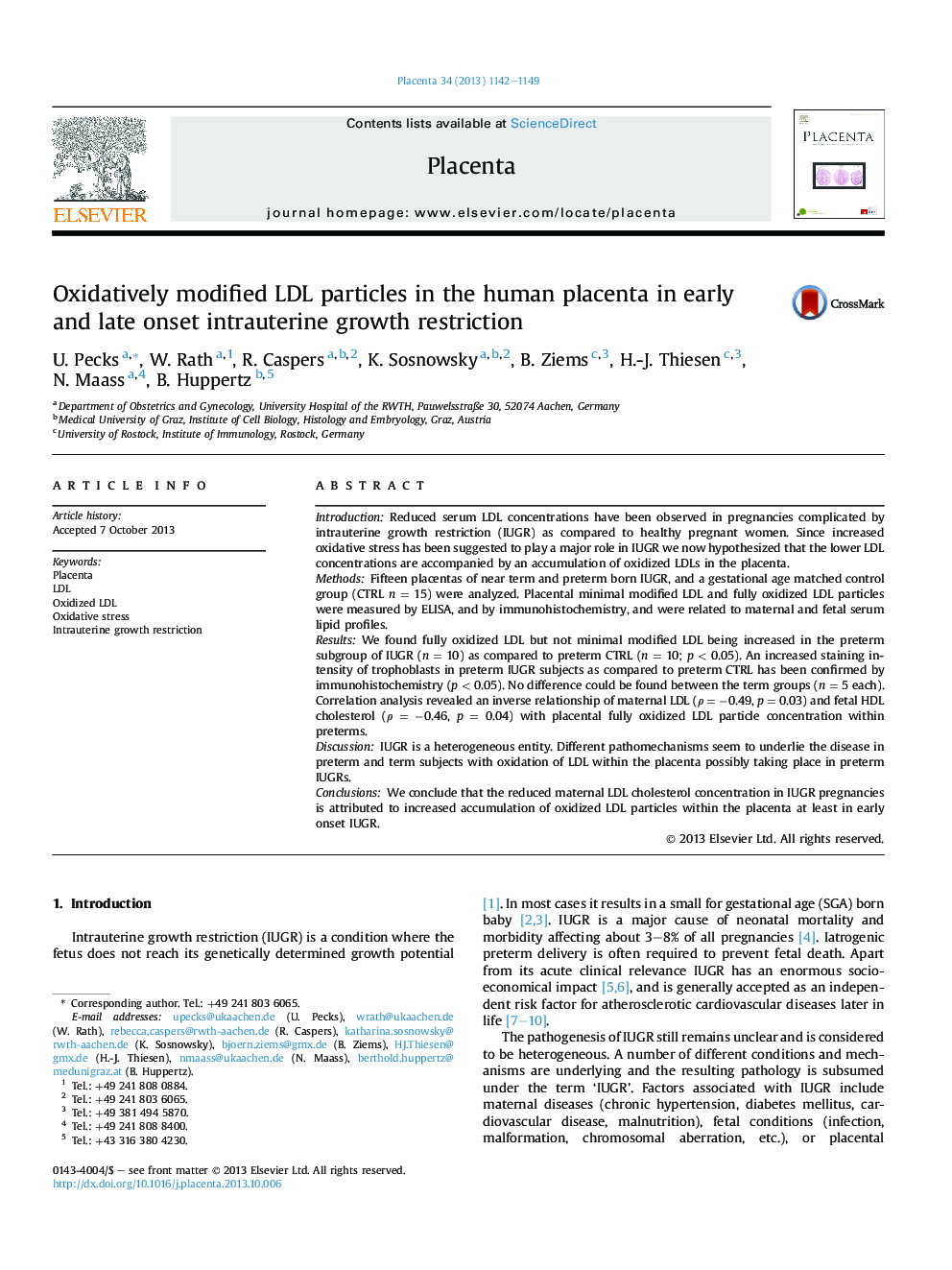 Oxidatively modified LDL particles in the human placenta in early and late onset intrauterine growth restriction