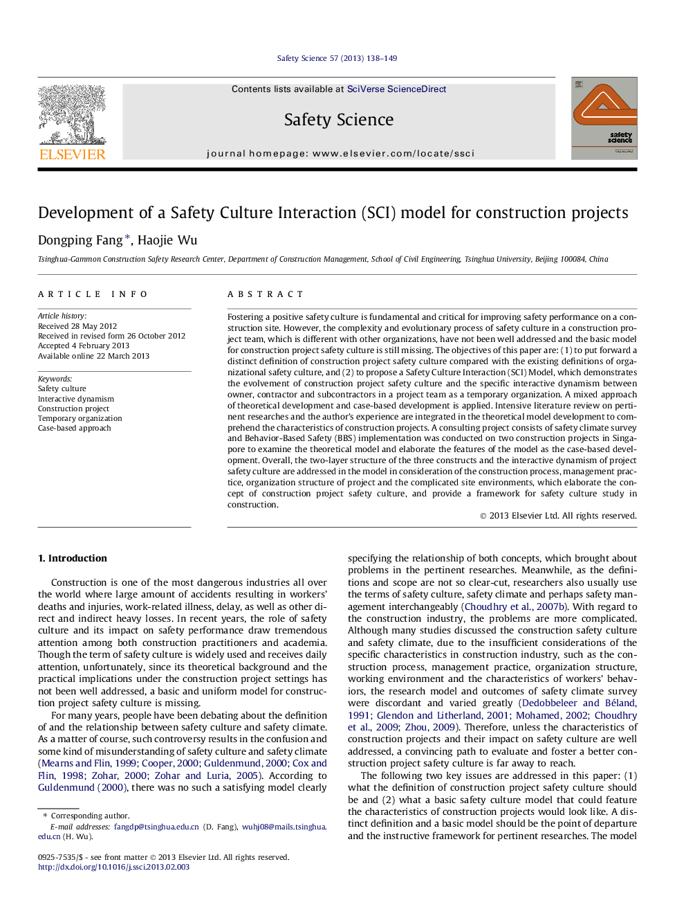 Development of a Safety Culture Interaction (SCI) model for construction projects