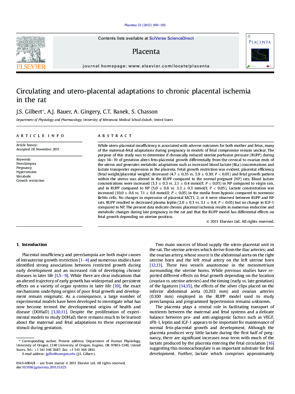 Circulating and utero-placental adaptations to chronic placental ischemia in the rat