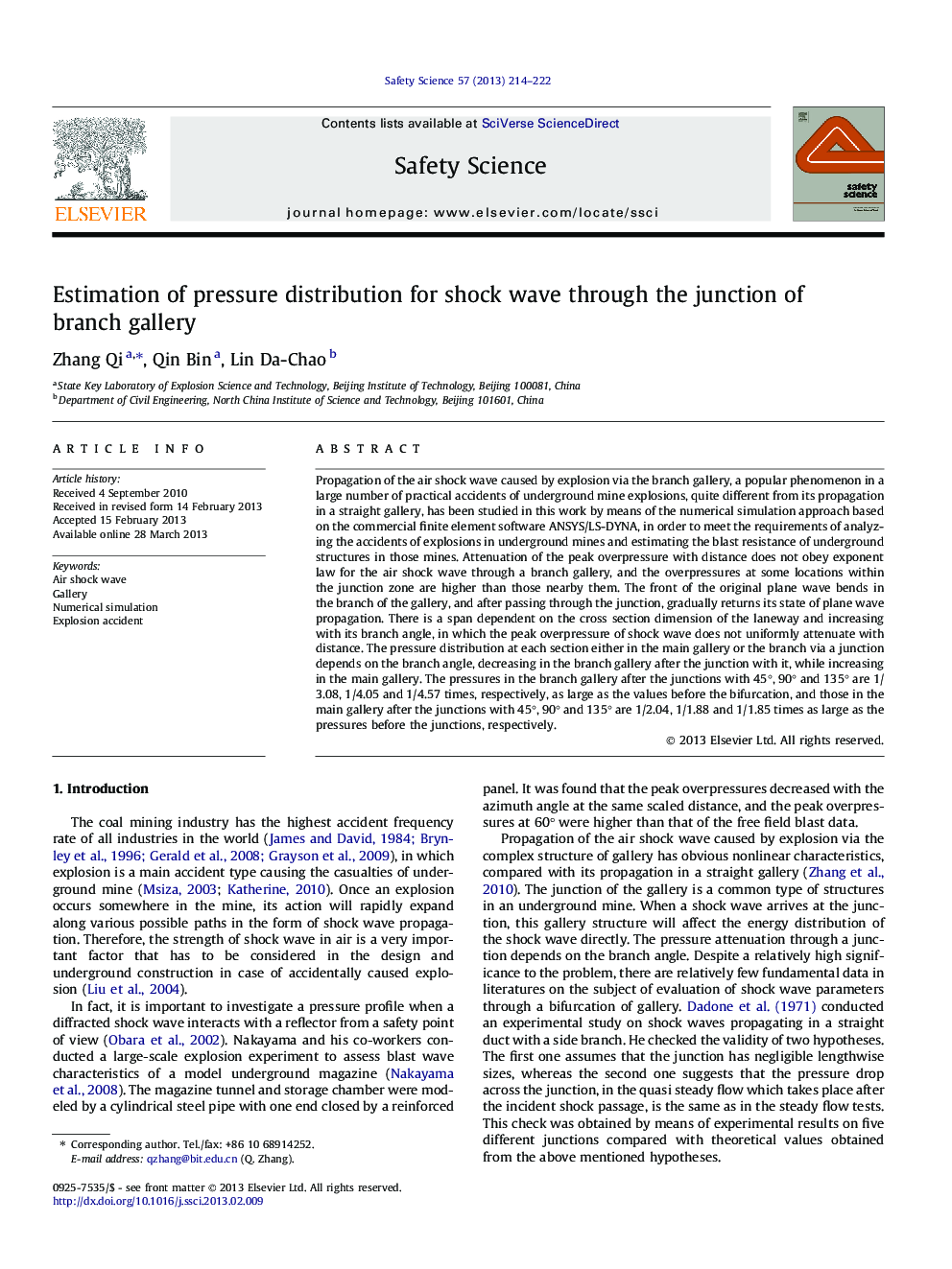 Estimation of pressure distribution for shock wave through the junction of branch gallery