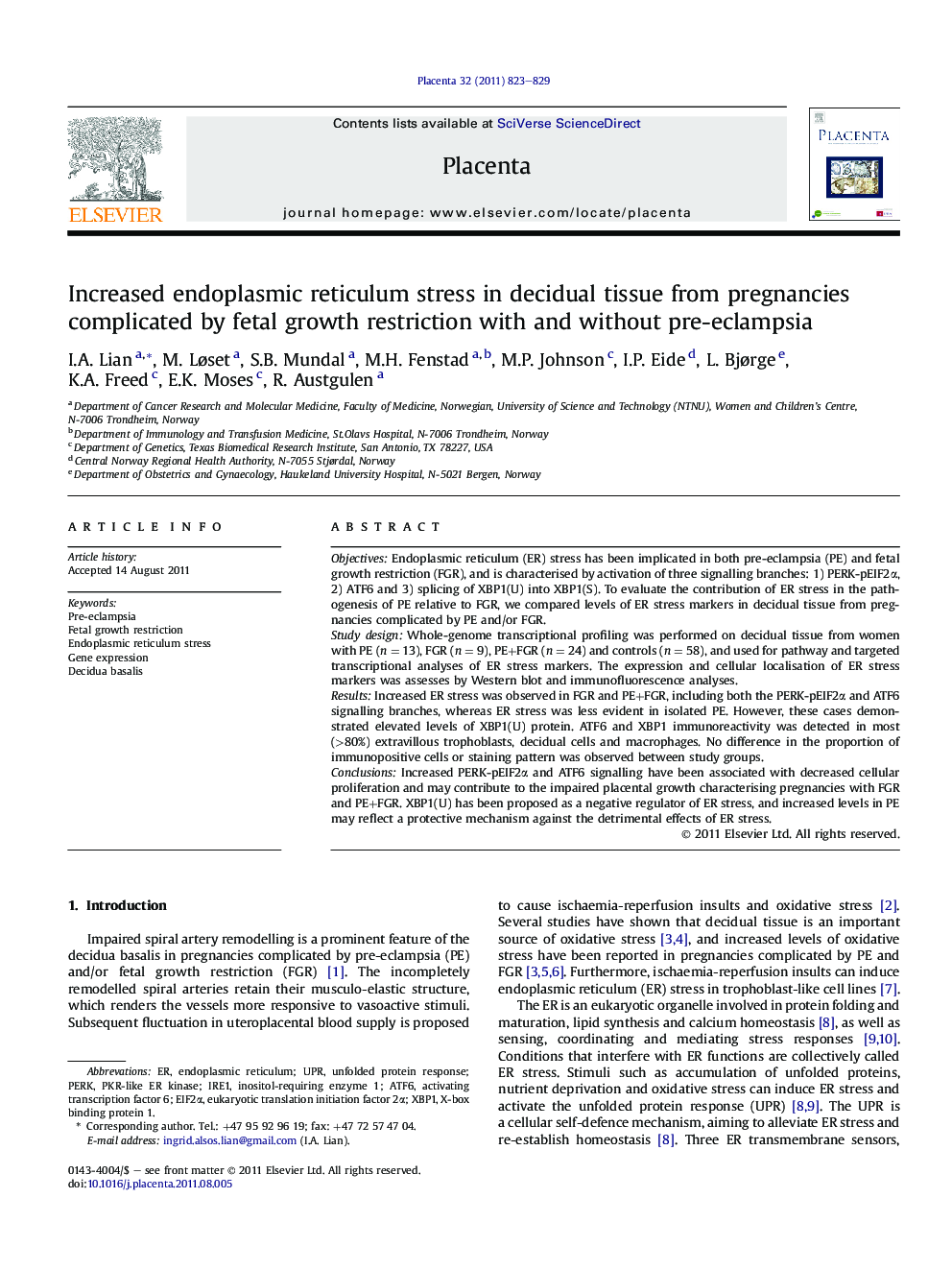 Increased endoplasmic reticulum stress in decidual tissue from pregnancies complicated by fetal growth restriction with and without pre-eclampsia