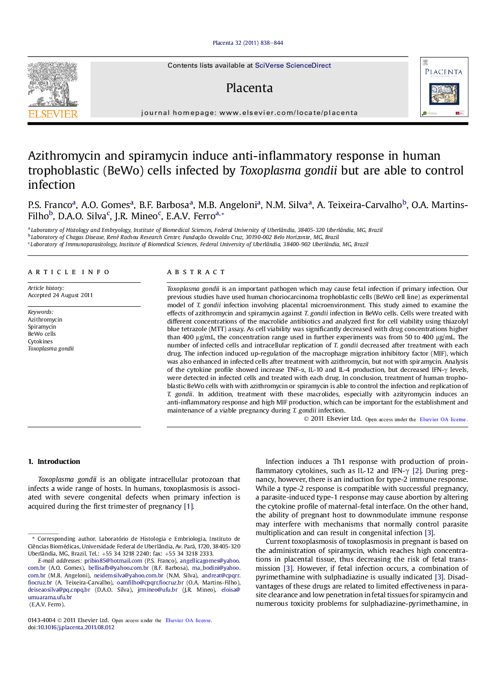 Azithromycin and spiramycin induce anti-inflammatory response in human trophoblastic (BeWo) cells infected by Toxoplasma gondii but are able to control infection