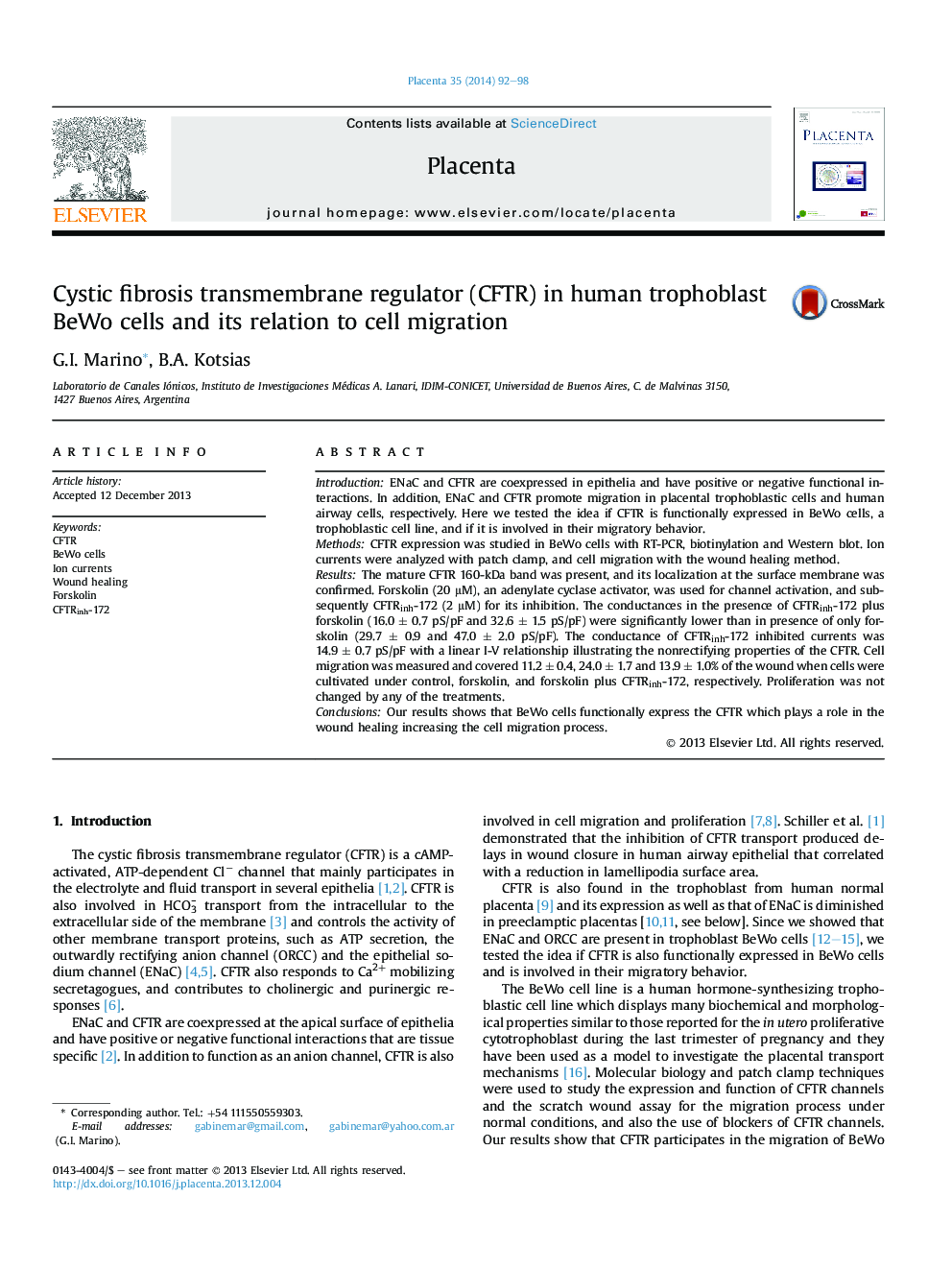 Cystic fibrosis transmembrane regulator (CFTR) in human trophoblast BeWo cells and its relation to cell migration