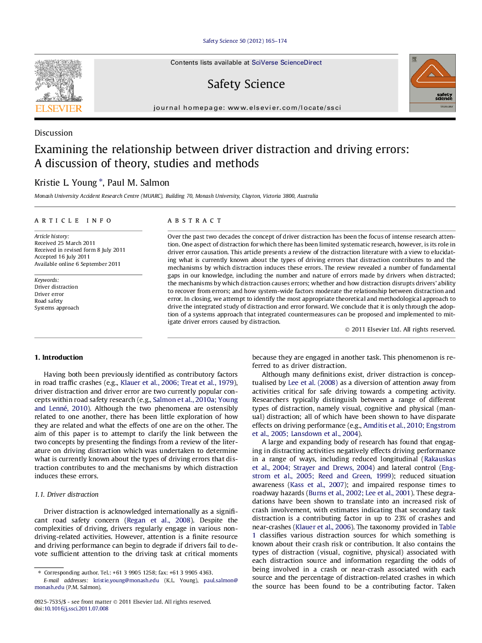 Examining the relationship between driver distraction and driving errors: A discussion of theory, studies and methods