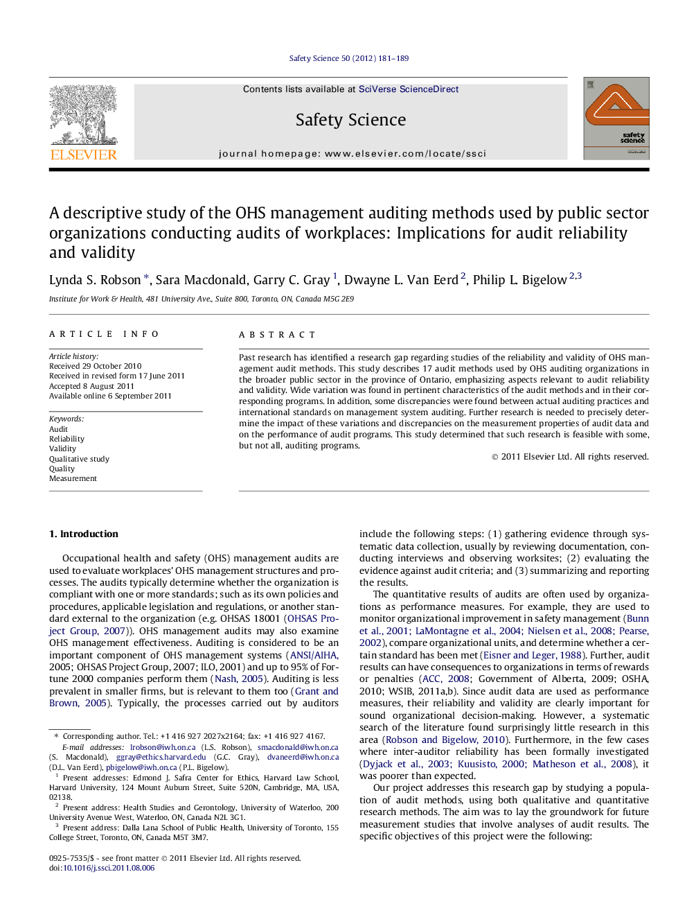 A descriptive study of the OHS management auditing methods used by public sector organizations conducting audits of workplaces: Implications for audit reliability and validity