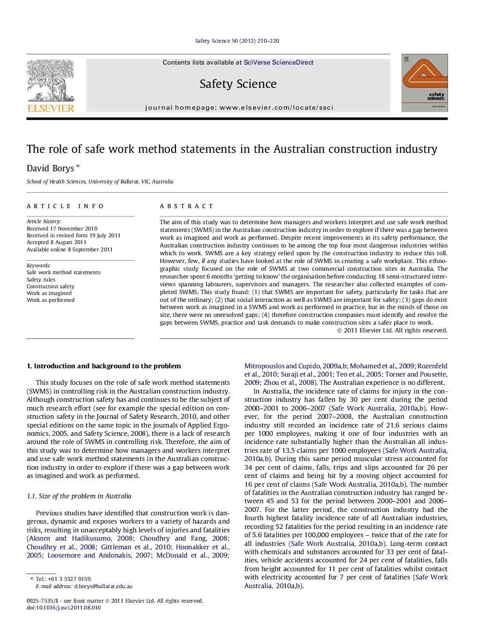 The role of safe work method statements in the Australian construction industry