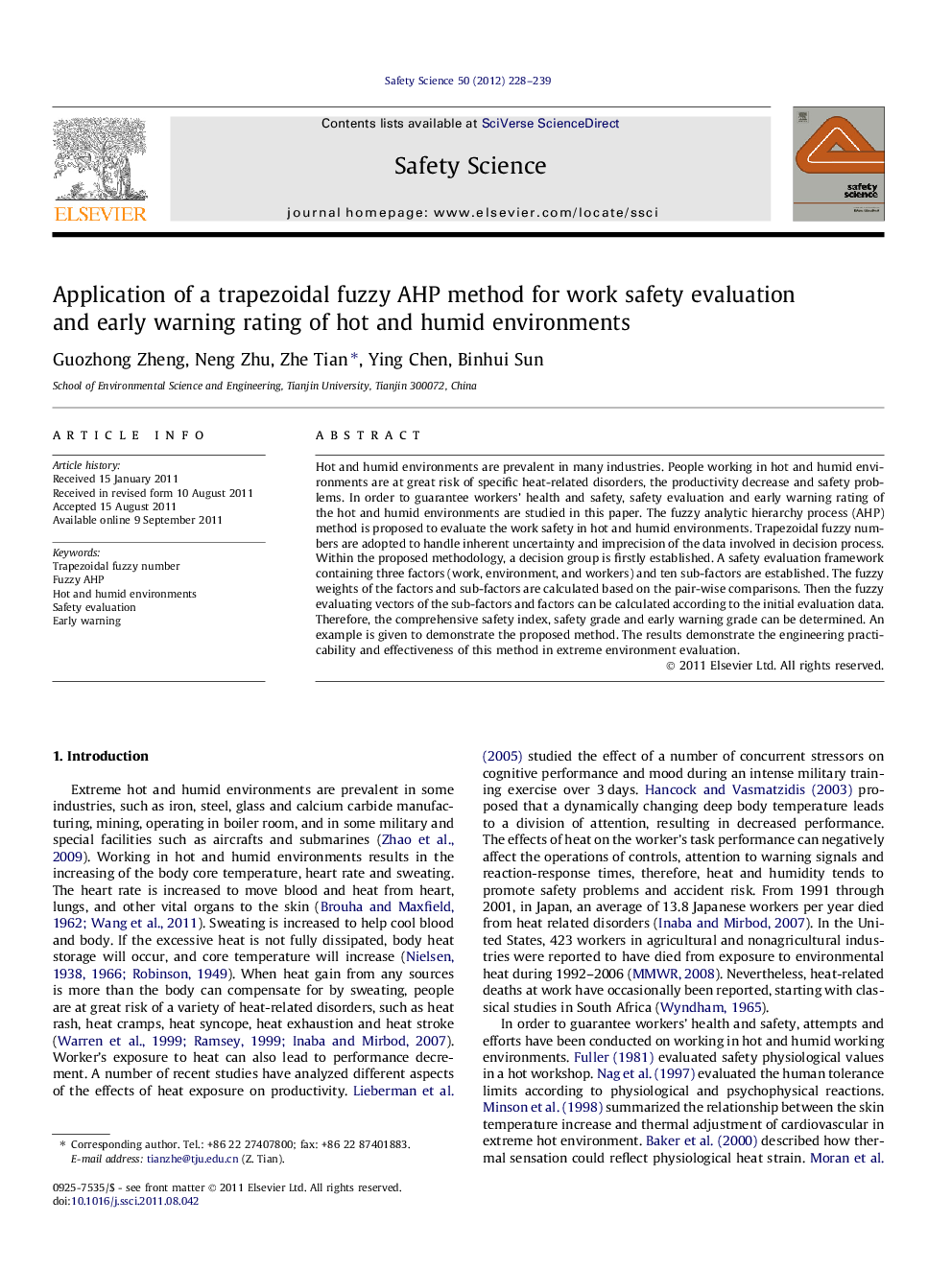 Application of a trapezoidal fuzzy AHP method for work safety evaluation and early warning rating of hot and humid environments