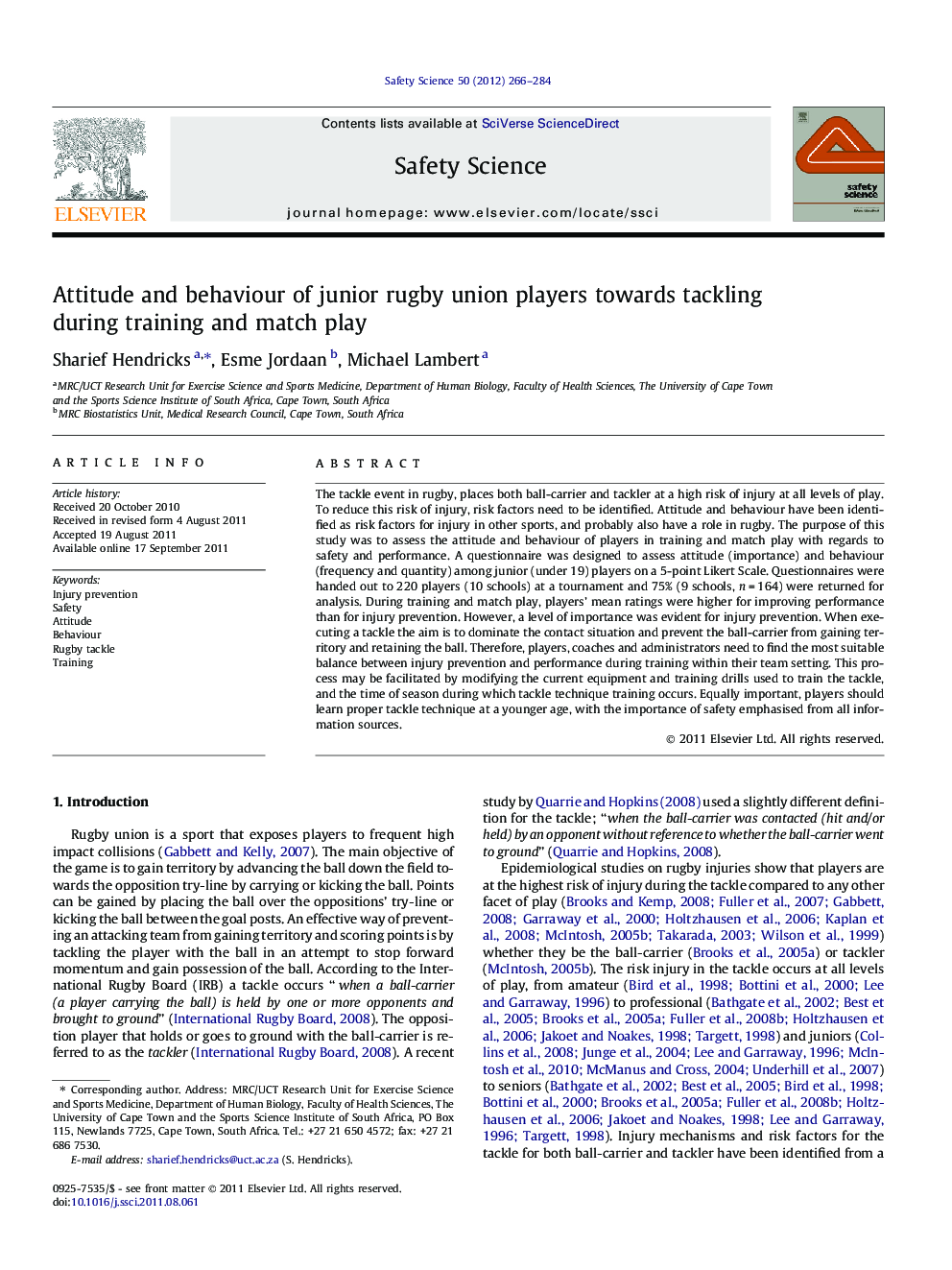 Attitude and behaviour of junior rugby union players towards tackling during training and match play