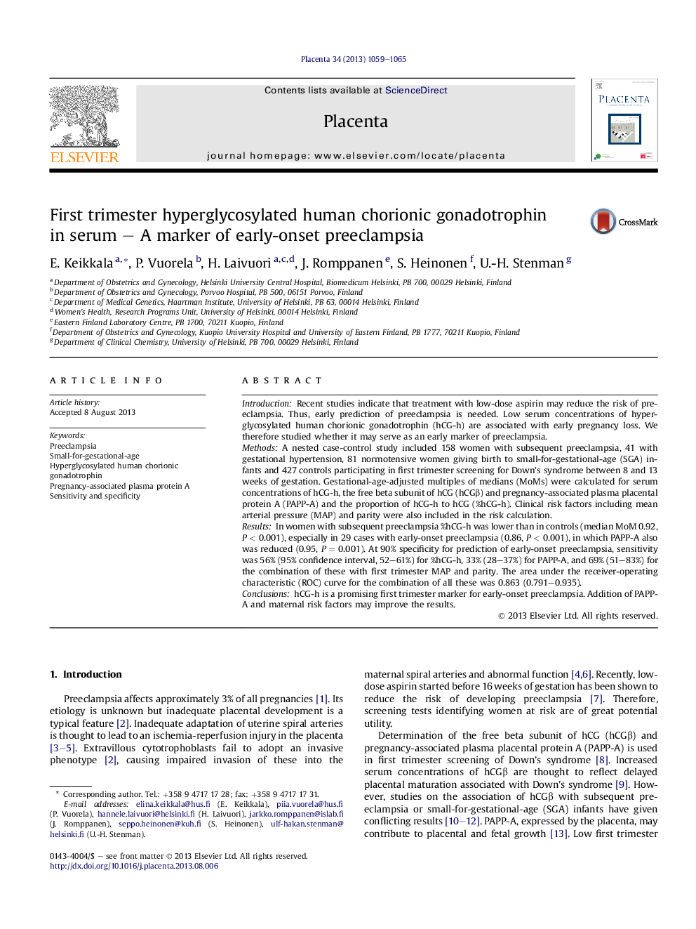 First trimester hyperglycosylated human chorionic gonadotrophin inÂ serum - A marker of early-onset preeclampsia