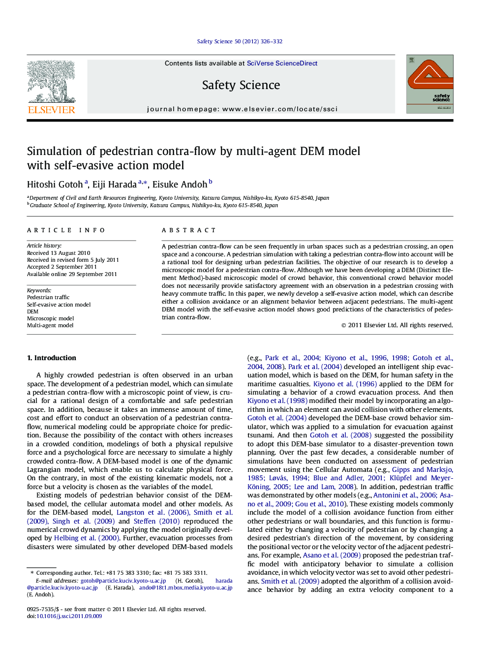 Simulation of pedestrian contra-flow by multi-agent DEM model with self-evasive action model