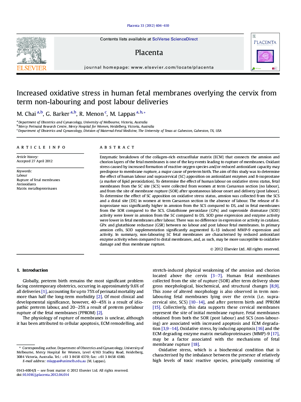 Increased oxidative stress in human fetal membranes overlying the cervix from term non-labouring and post labour deliveries