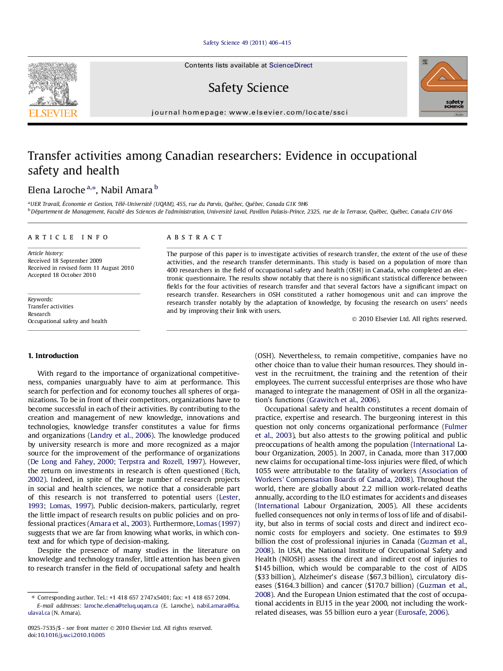 Transfer activities among Canadian researchers: Evidence in occupational safety and health