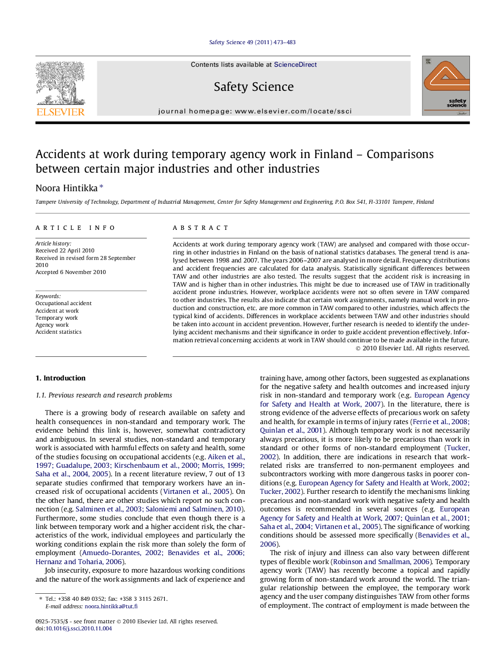 Accidents at work during temporary agency work in Finland – Comparisons between certain major industries and other industries