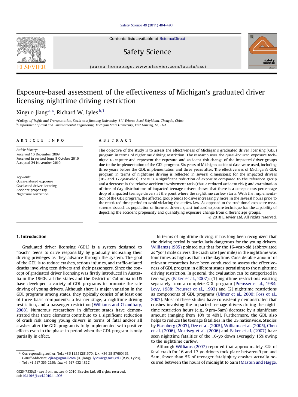 Exposure-based assessment of the effectiveness of Michigan’s graduated driver licensing nighttime driving restriction