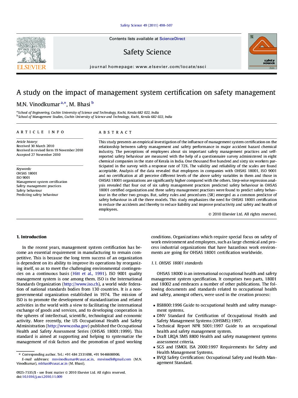 A study on the impact of management system certification on safety management