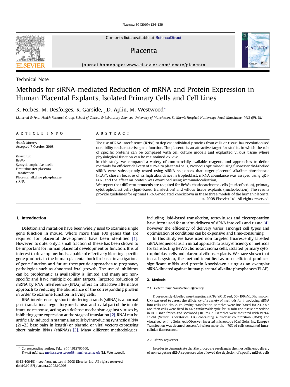 Methods for siRNA-mediated Reduction of mRNA and Protein Expression in Human Placental Explants, Isolated Primary Cells and Cell Lines