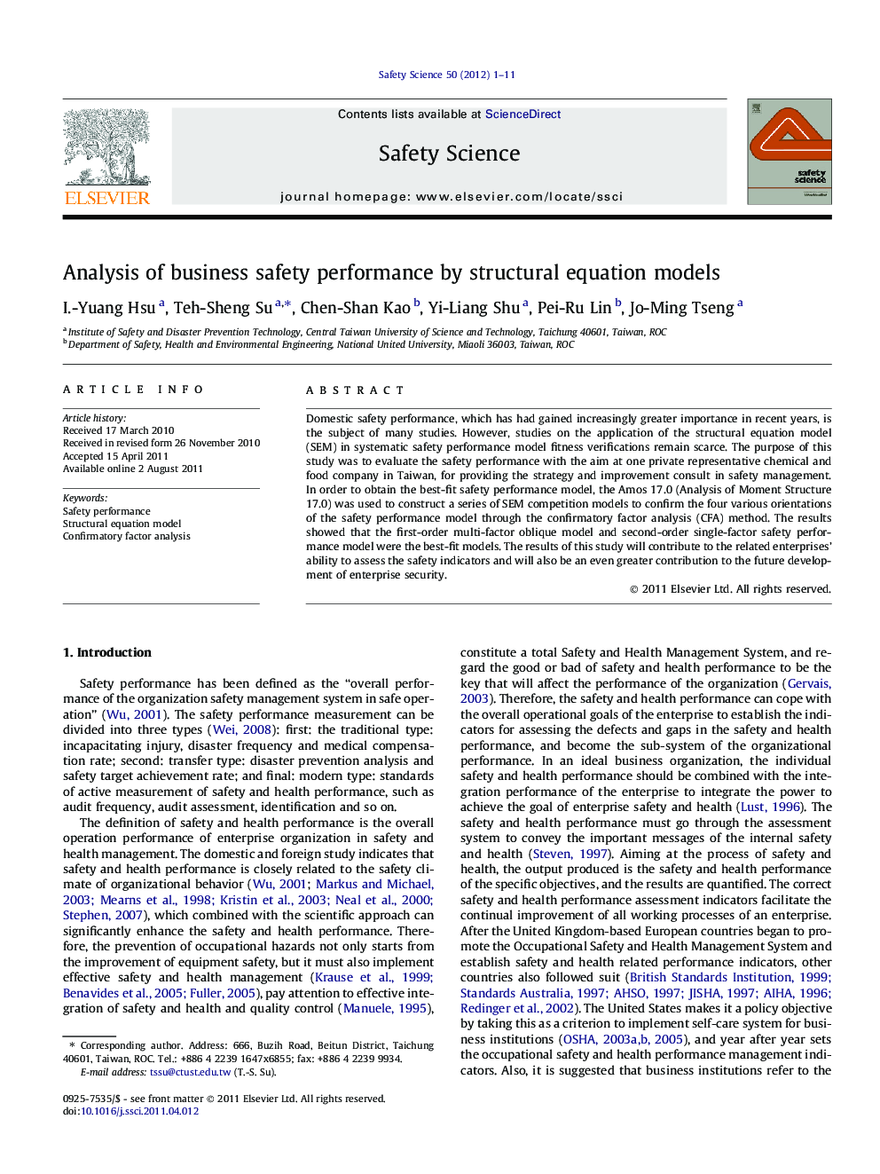 Analysis of business safety performance by structural equation models