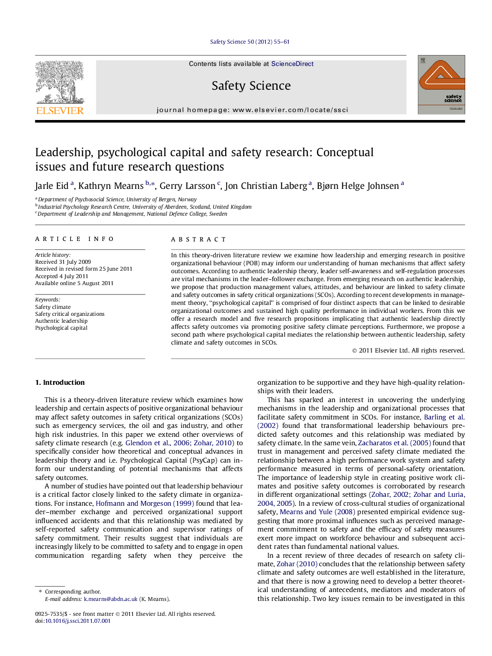 Leadership, psychological capital and safety research: Conceptual issues and future research questions