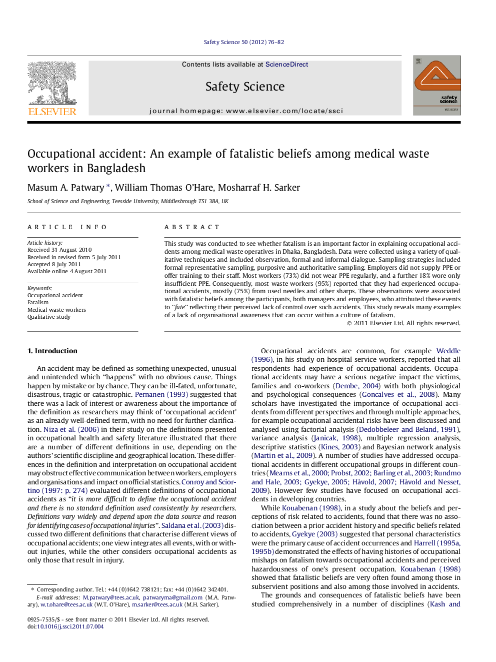 Occupational accident: An example of fatalistic beliefs among medical waste workers in Bangladesh