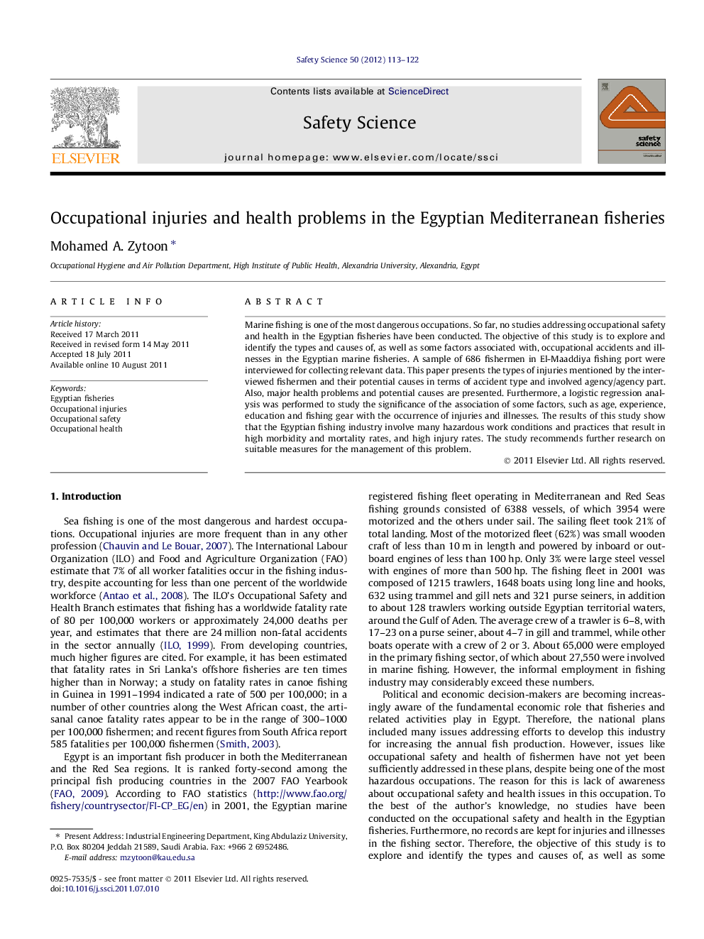 Occupational injuries and health problems in the Egyptian Mediterranean fisheries