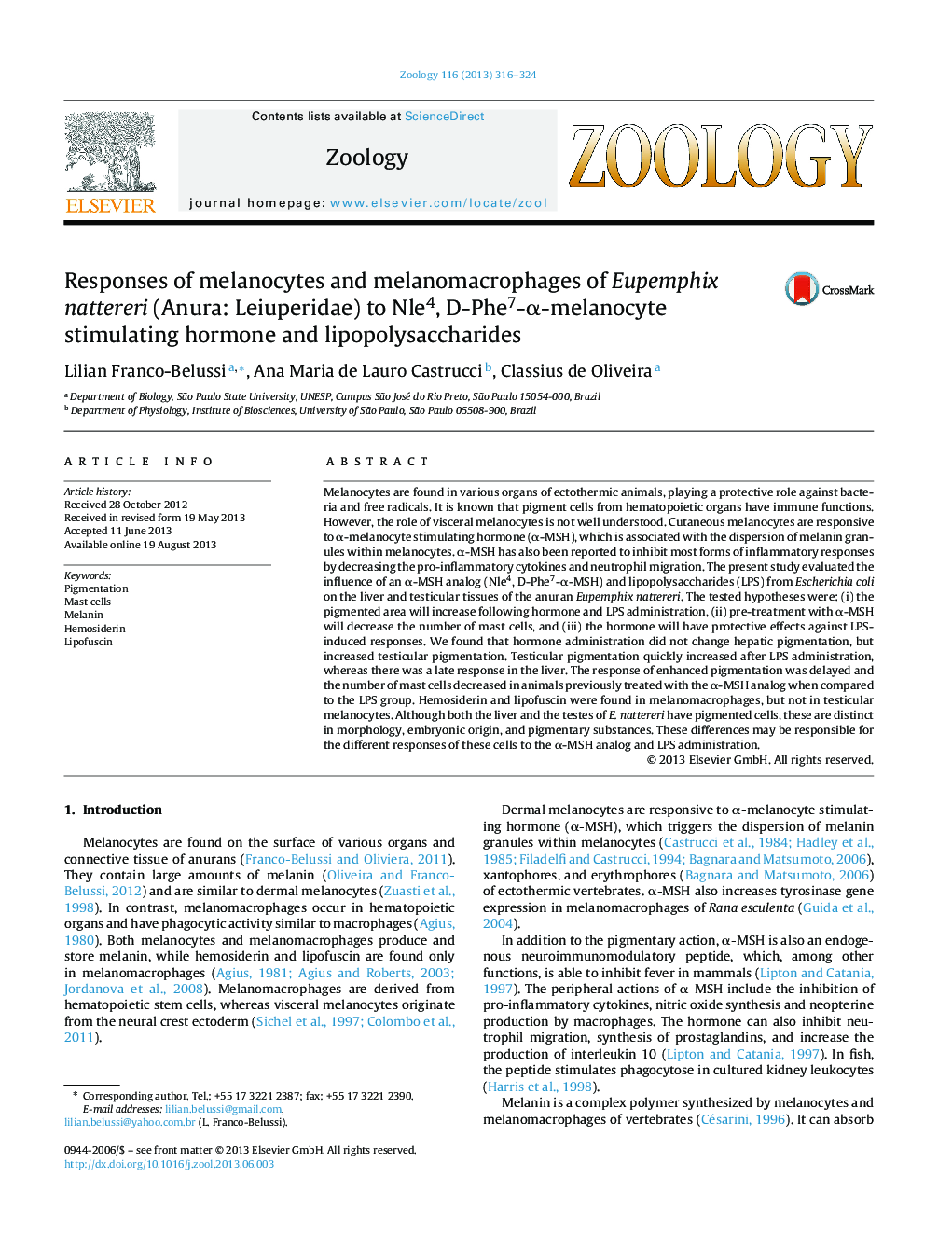 Responses of melanocytes and melanomacrophages of Eupemphix nattereri (Anura: Leiuperidae) to Nle4, D-Phe7-Î±-melanocyte stimulating hormone and lipopolysaccharides