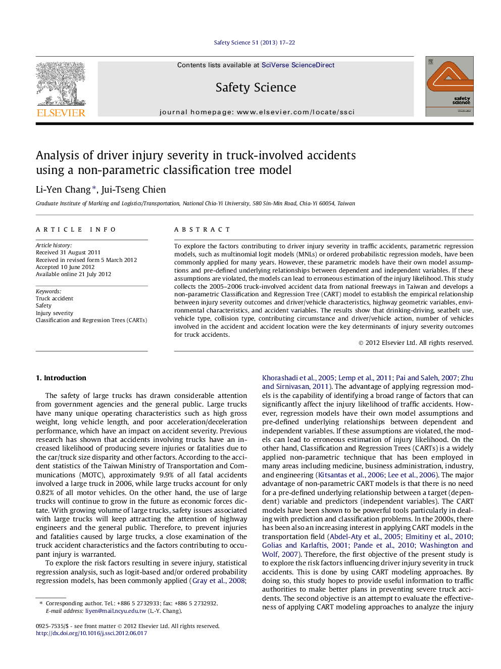 Analysis of driver injury severity in truck-involved accidents using a non-parametric classification tree model