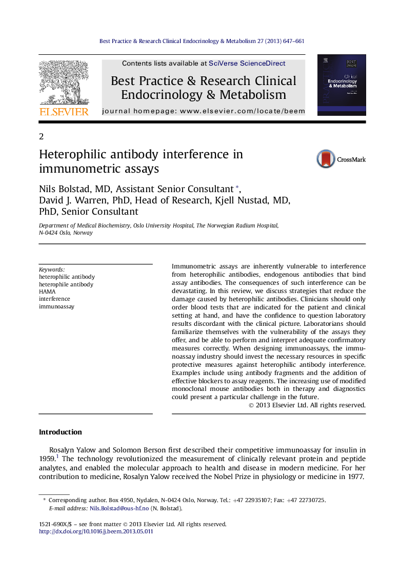 عکس صفحه اول مقاله: Heterophilic antibody interference in immunometric assays Heterophilic antibody interference in immunometric assays