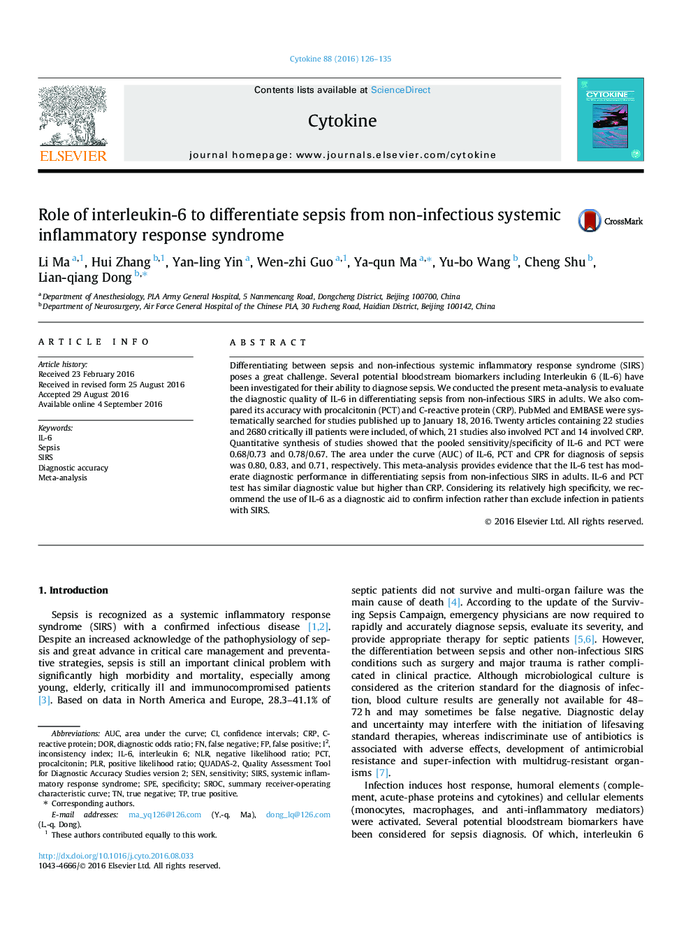 نقش اینترلوکین -6 برای جداسازی سپسیس از سندرم پاسخ التهابی سیستمیک غیر سیستم عصبی 