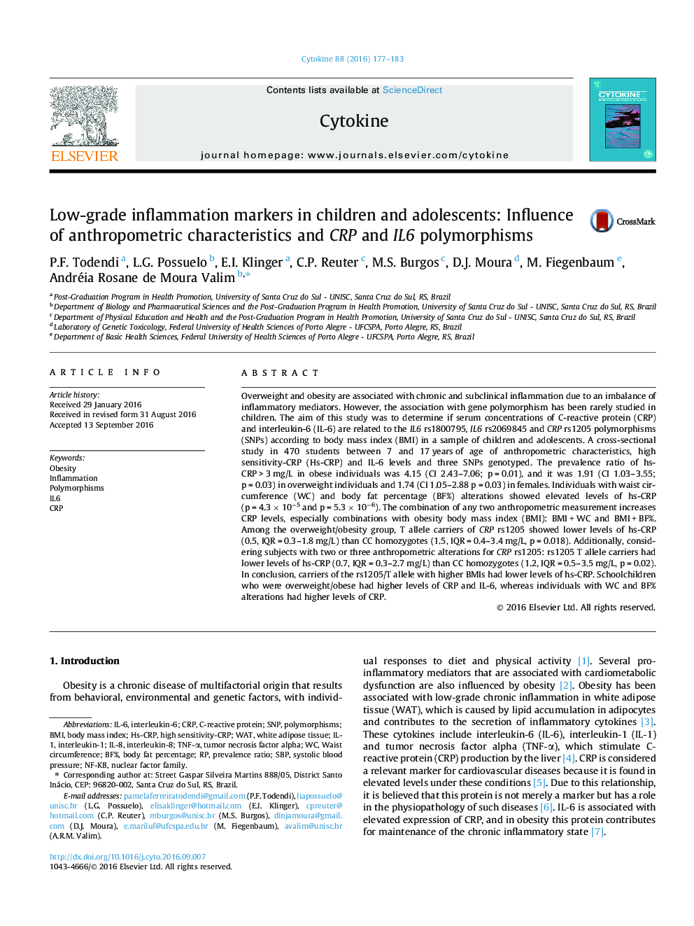 Low-grade inflammation markers in children and adolescents: Influence of anthropometric characteristics and CRP and IL6 polymorphisms
